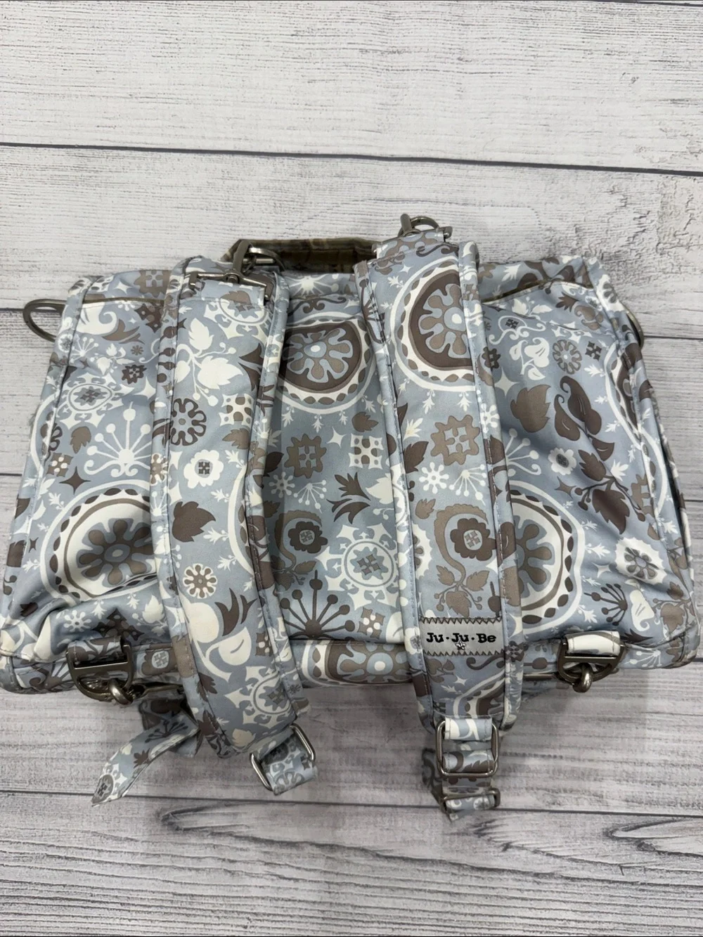 Ju-Ju-Be Light Blue Taupe Floral Diaper Bag Backpack with Changing Pad
